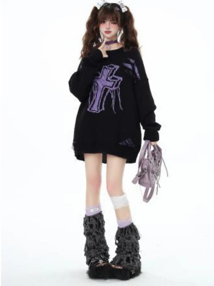 Harajuku Vintage Jacquard Knitted Sweater Women Causal Loose Y2k Aesthetic Pullover 2025 Antumn Hollow Out Tassels Jumpers Tops