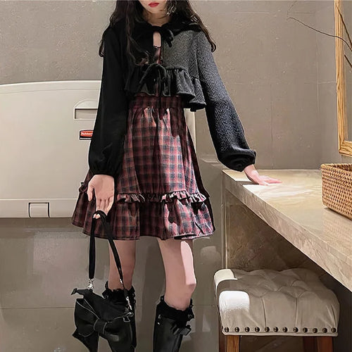 Load image into Gallery viewer, Plaid Dress Sets Women Outfits Black Lace Up Long Sleeve Cardigan Teen Girls Ruffles Sweet High Waist Sleeveless Dresse
