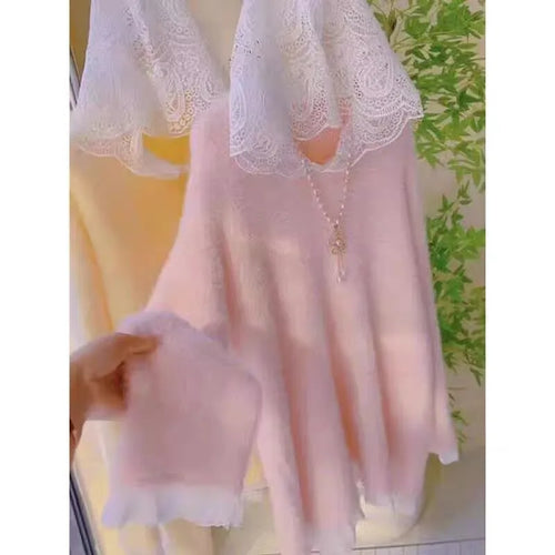 Load image into Gallery viewer, Autumn Winter Retro Patchwork Lace Hooded Elegant Warm Short Knitted Pullover Mink Sweater Women's Long Sleeved Tops Streetwear
