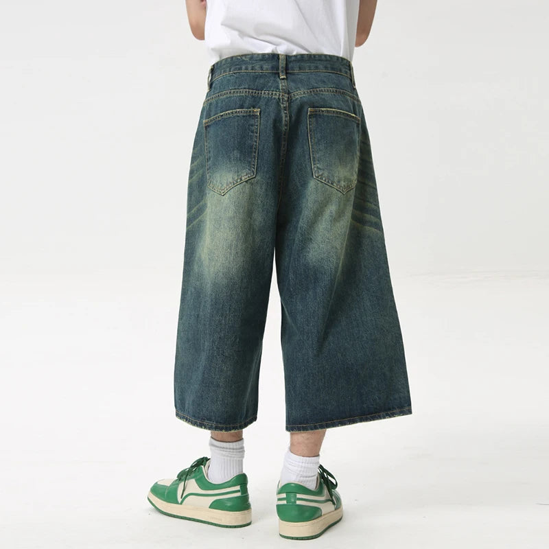 High Street Calf-Length Pants Denim Men's Shorts Straight Zipper Causal Wide Leg Male Trousers Chic Summer 8825