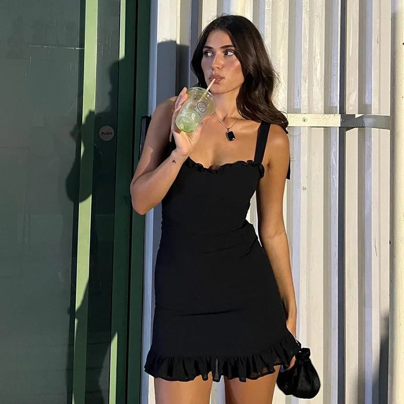 Elegant Women's Summer New Sexy Backless Solid Slash Neck Dress Slim Fit Waist Camisole Mini Dress Club Party Dress