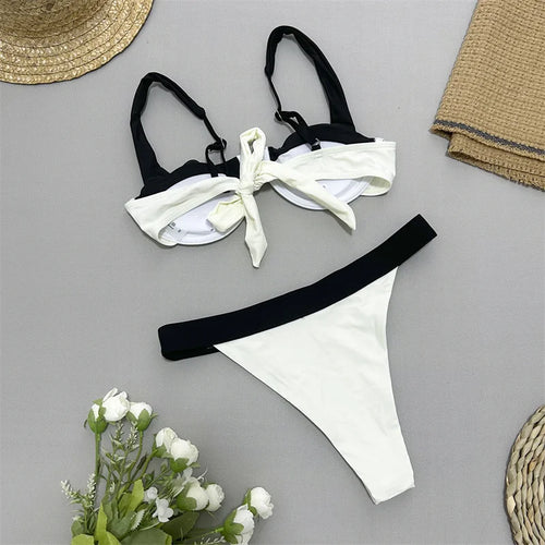 Load image into Gallery viewer, Patchwork U Neck Underwired High Cut Bikini Female Swimsuit Women Swimwear Two Pieces Biquini Bathing Suit
