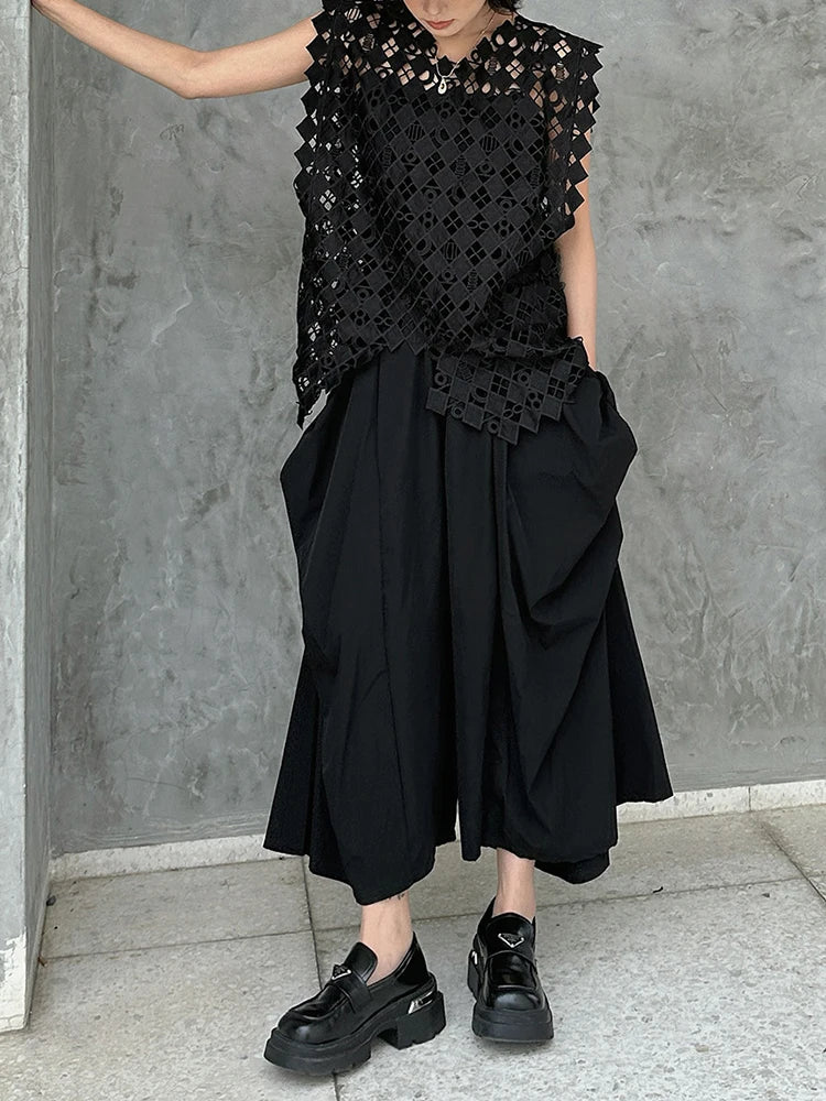 High Elastic Waist Black Pleated Pocket Calf-Length Pants New Trousers Women Fashion Tide Spring Autumn 2025  1DJ1074