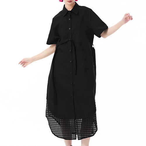 Load image into Gallery viewer, Women Blue Mesh Color-block Big Size Midi Shirt Dress New Lapel Short Sleeve Fashion Tide Spring Summer 2025 1DJ0932
