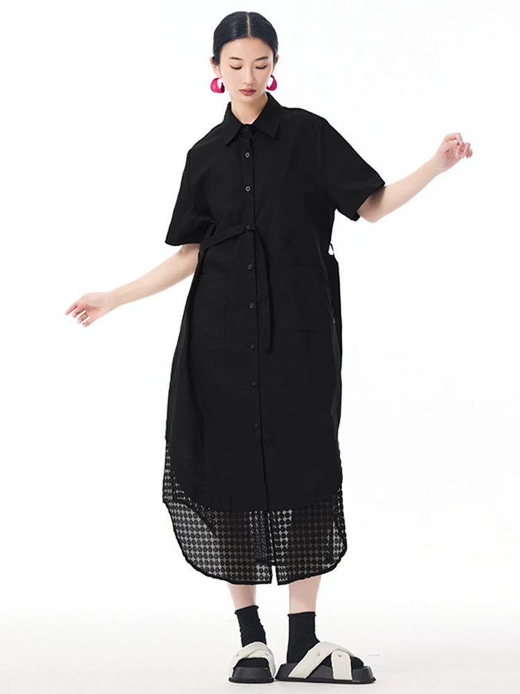 Women Blue Mesh Color-block Big Size Midi Shirt Dress New Lapel Short Sleeve Fashion Tide Spring Summer 2025 1DJ0932