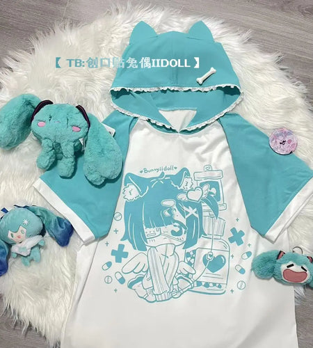 Ropa Mujer T Shirts Women Japanese Sweet Summer Tees Fashion Anime Patchwork Lace Y2k Tops Casual Hooded Oversized T-shirt