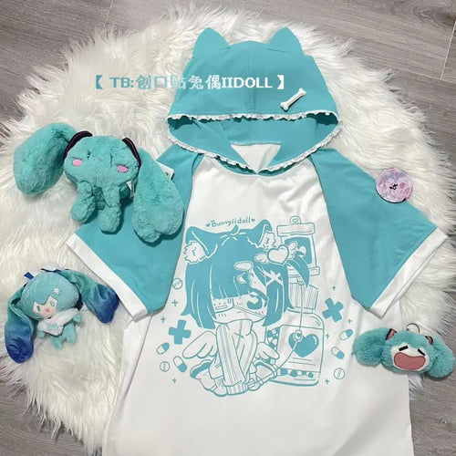 Load image into Gallery viewer, Ropa Mujer T Shirts Women Japanese Sweet Summer Tees Fashion Anime Patchwork Lace Y2k Tops Casual Hooded Oversized T-shirt
