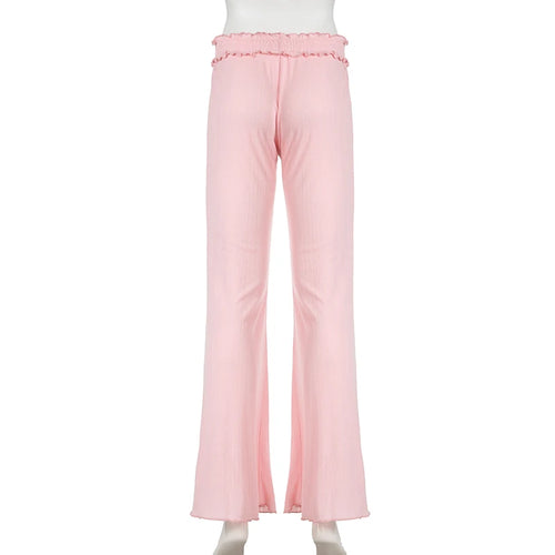 Load image into Gallery viewer, Korean Fashion Pink Ruched Knitted Flared Pants Harajuku Sweet Homewear Slim Trousers Cute Coquette Bow Elastic Waist
