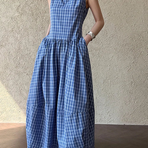 Load image into Gallery viewer, Women Dark Blue Plaid Pocket Vintage Long Elegant Vest Dress New V-Neck Sleeveless Fashion Tide Spring Summer 2025 1DJ0667
