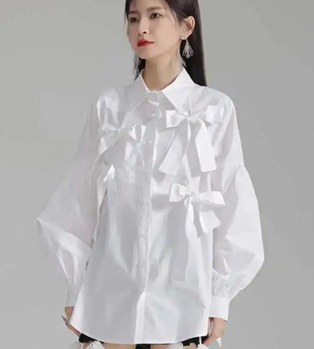 Women White Bow Spliced Big Size Elegant Blouse New Lapel Long Sleeve Shirt Fashion Tide Spring Autumn 2025 1DH5705