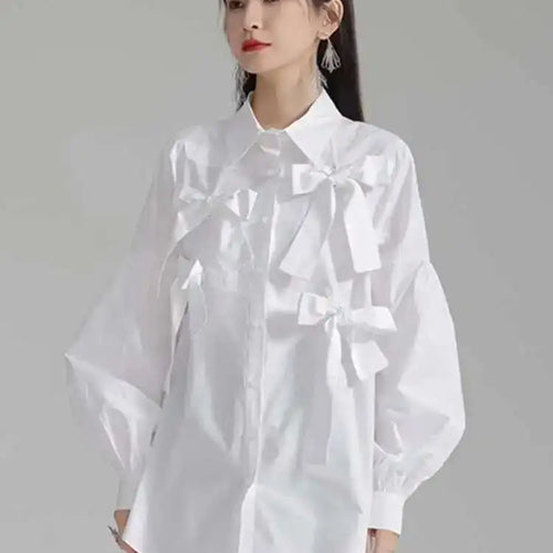 Load image into Gallery viewer, Women White Bow Spliced Big Size Elegant Blouse New Lapel Long Sleeve Shirt Fashion Tide Spring Autumn 2025 1DH5705
