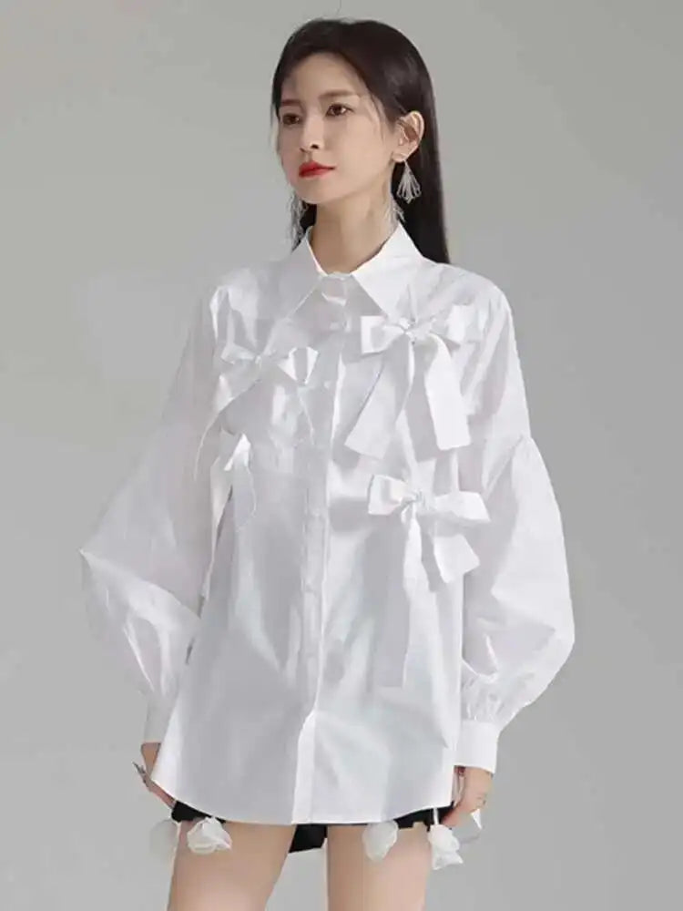 Women White Bow Spliced Big Size Elegant Blouse New Lapel Long Sleeve Shirt Fashion Tide Spring Autumn 2025 1DH5705