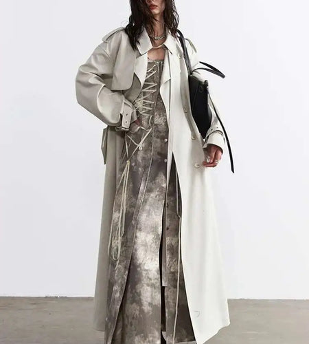 Women Beige Big Size Long Bandage Casual Trench New Lapel Long Sleeve Windbreaker Fashion Tide Spring Autumn 2025 1DH4712