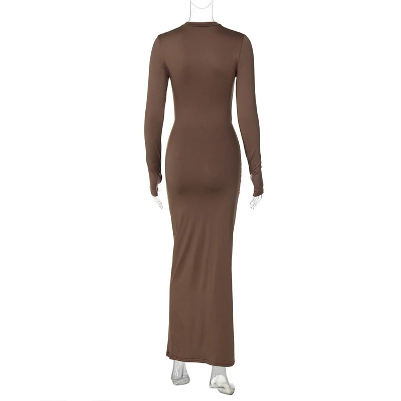 Ruched Draped Sexy Maxi Dress For Women Fashion O Neck Long Sleeve Bodycon Club Party Long Dress Female Elegant Dresses