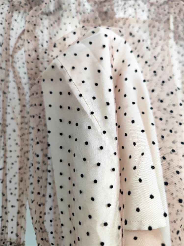 Women Brown Mesh Dot Ruffles Thin Blouse New Stand Collar Long Sleeve Shirt Fashion Tide Spring Summer 2025 1DJ1483