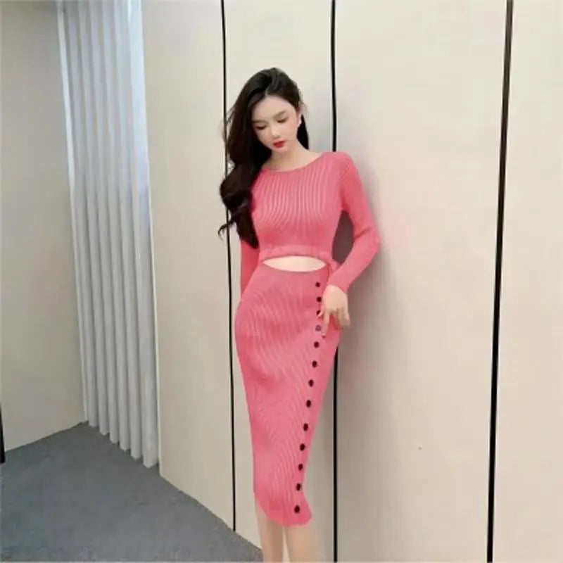 French Women Solid Elegant Festival Hollow Out Knit Dress Autumn Long Sleeve Slim Fashion Drawstring Lace-up Wrap Hip Dress Chic