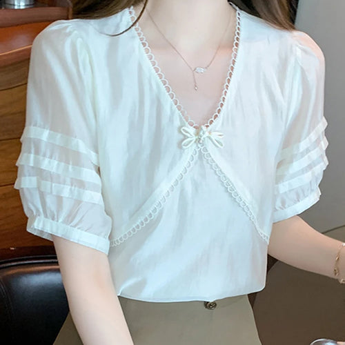 Load image into Gallery viewer, Chic Bow Pure Color Women Blouse French Style Puff Sleeve V-neck Simple Fashion Elegant Office Lady Apricot Basic Blouses
