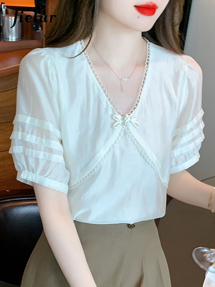 Chic Bow Pure Color Women Blouse French Style Puff Sleeve V-neck Simple Fashion Elegant Office Lady Apricot Basic Blouses