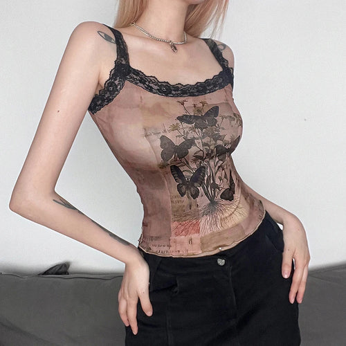 Load image into Gallery viewer, Y2K Brown Vintage Lace Trim Summer Camis Tops Butterfly Flowers Print Mini Crop Top Women Cute 2000s Aesthetic Frills
