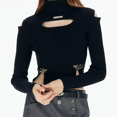 Load image into Gallery viewer, Solid Hollow Out Sexy Slimming Knitting Sweaters For Women Mock Neck Long Sleeve Cold Shoulder Sweater Female
