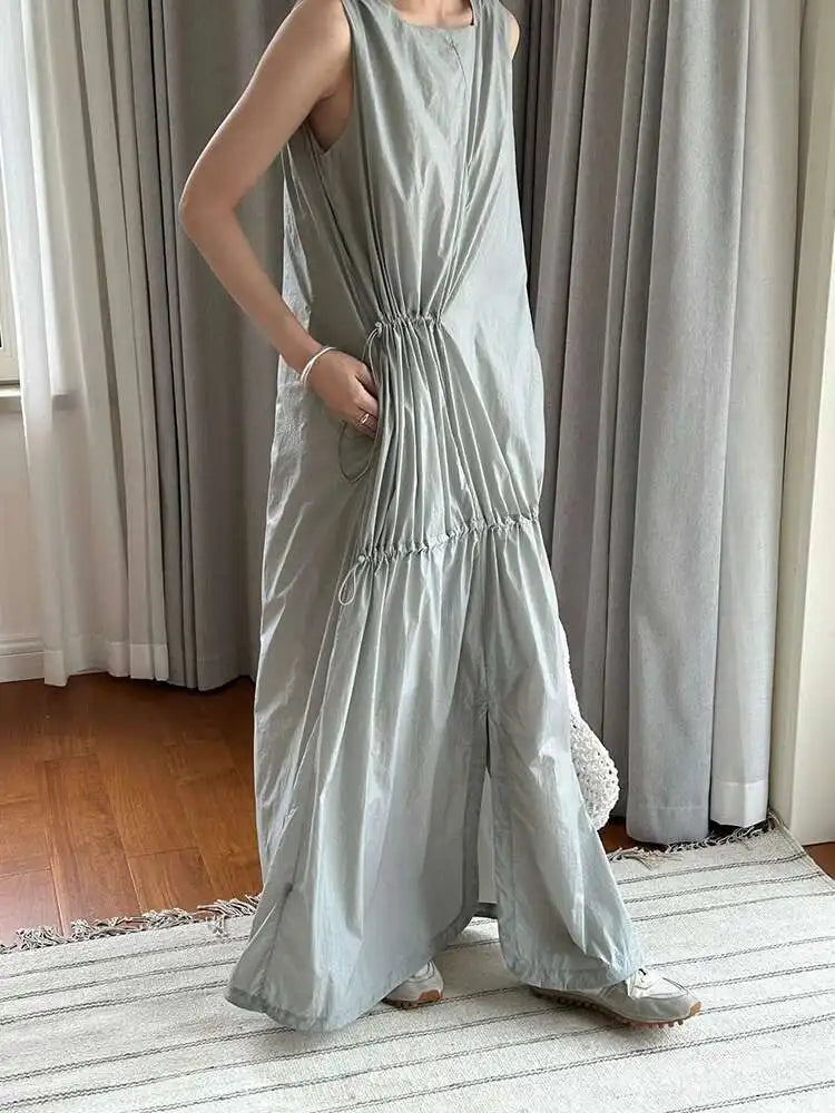 Women White Gray Big Size Long Elegant Thin Dress New Square Collar Sleeveless Fashion Tide Spring Summer 2025 1DH6054