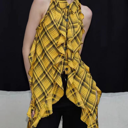 Load image into Gallery viewer, Hit Color Check Slimming Chic Vests For Women O Neck Sleeveless Minimalist Irregular Vest Female Fashion Style New
