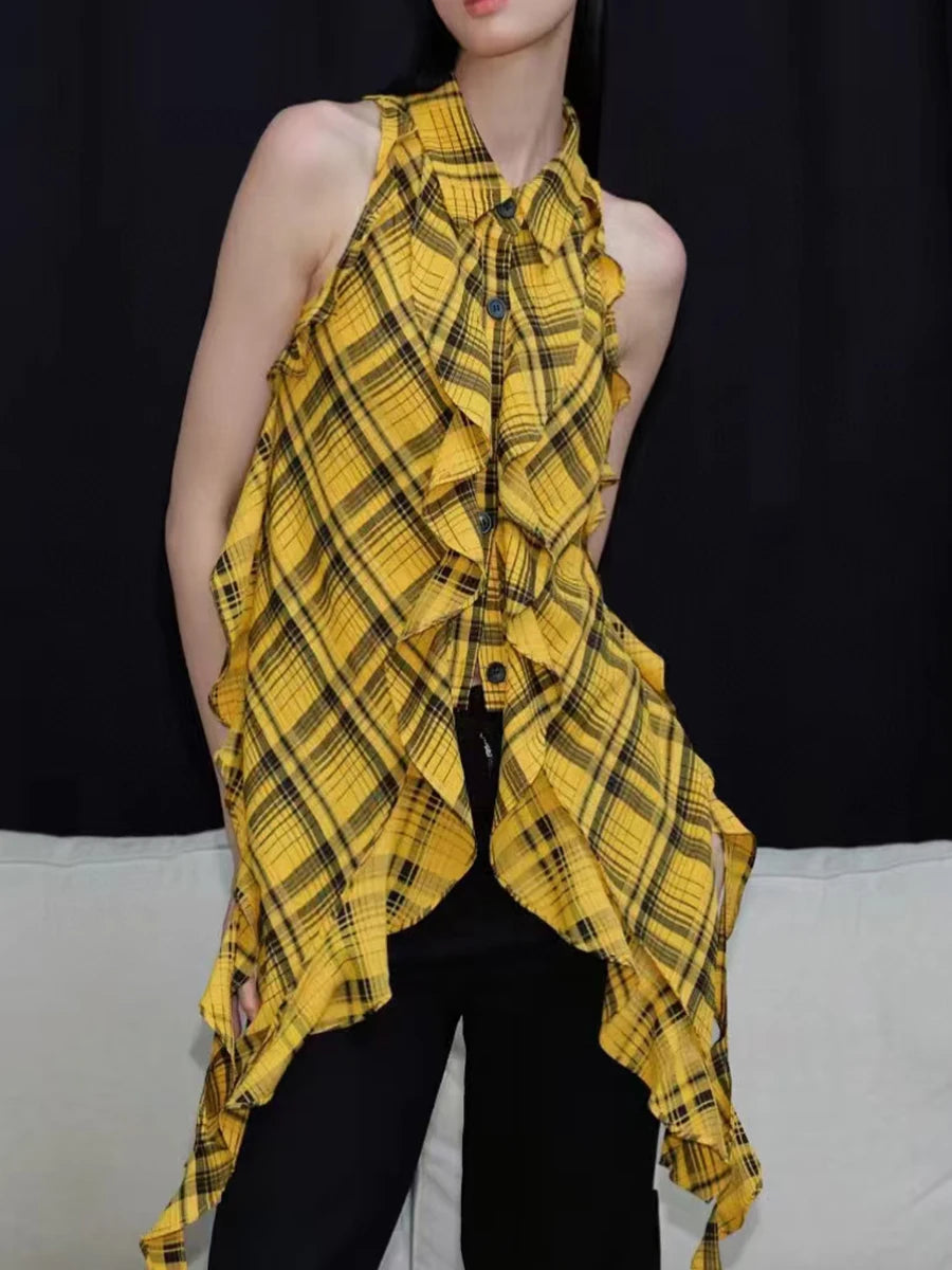 Hit Color Check Slimming Chic Vests For Women O Neck Sleeveless Minimalist Irregular Vest Female Fashion Style New