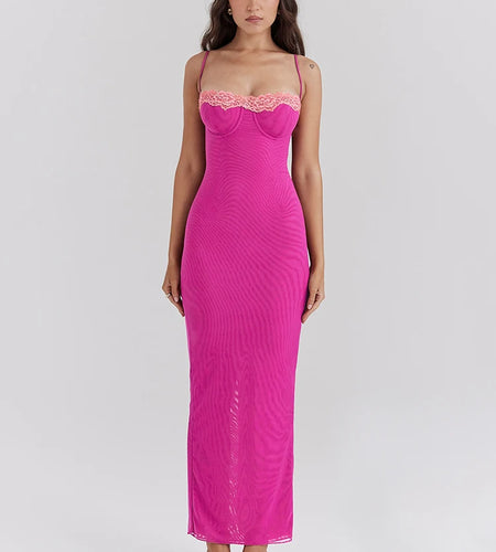 Lace Spaghetti Strap Bodycon Maxi Dress Women Gown Patchwork Fashion Sleeveless Backless Sexy Club Party Dress Elegant