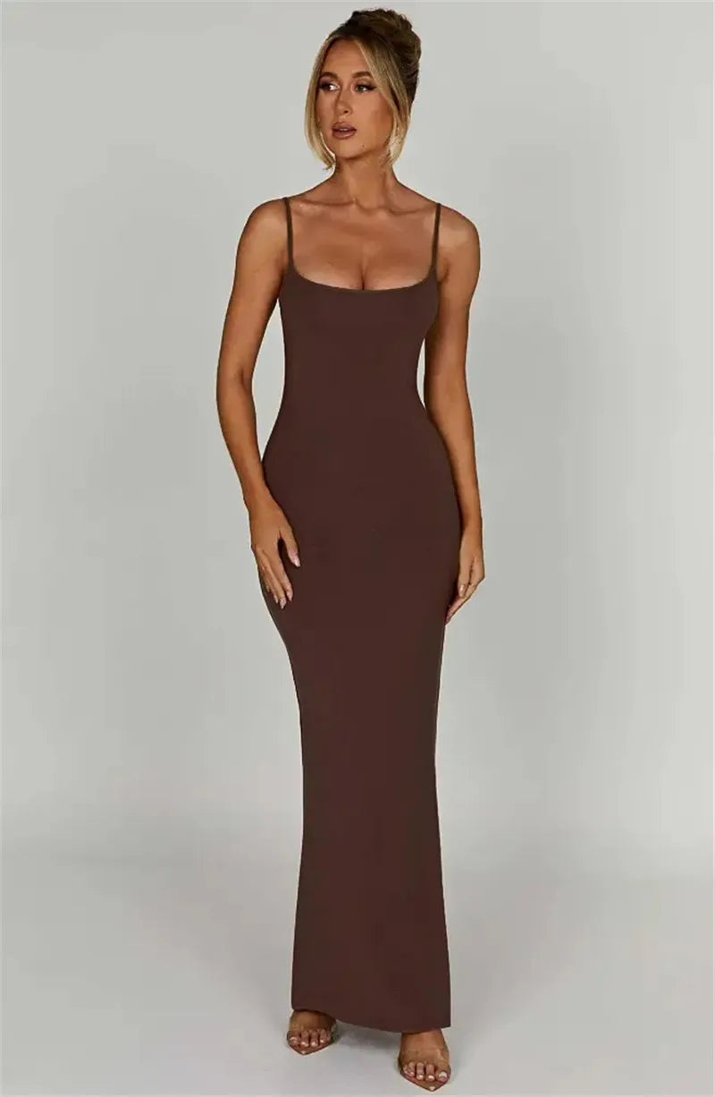 Spaghetti Strap Backless Bodycon Maxi Dress Women Autumn New Thickened Fabric Sleeveless Club Party Sexy Long Dress