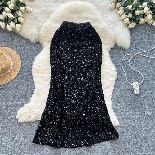 Load image into Gallery viewer, Korean Fashion Spring Black White Elegant Sequin Half Skirt Women Red Grey High Waist New Office Lady Wrapped Hip Fishtail Skirt
