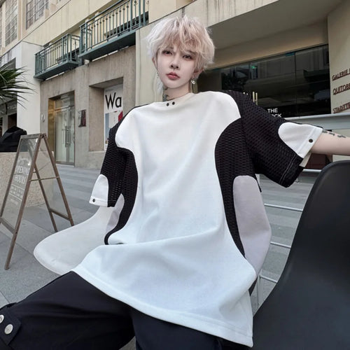 Load image into Gallery viewer, Male Short Sleeve T-shirts Summer Fashion Mesh Splicing Contrast Color Loose Round Neck Men's T-shirt Pullover Top 9W1494
