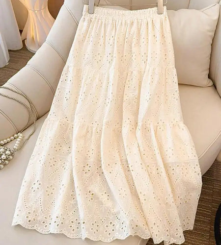 Ladies Black White Temperament Long Skirt Spring Summer Beige Embroidery Hollow Out A-line Skirts For Women Clothing Streetwear