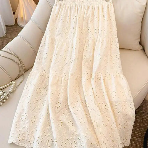 Load image into Gallery viewer, Ladies Black White Temperament Long Skirt Spring Summer Beige Embroidery Hollow Out A-line Skirts For Women Clothing Streetwear
