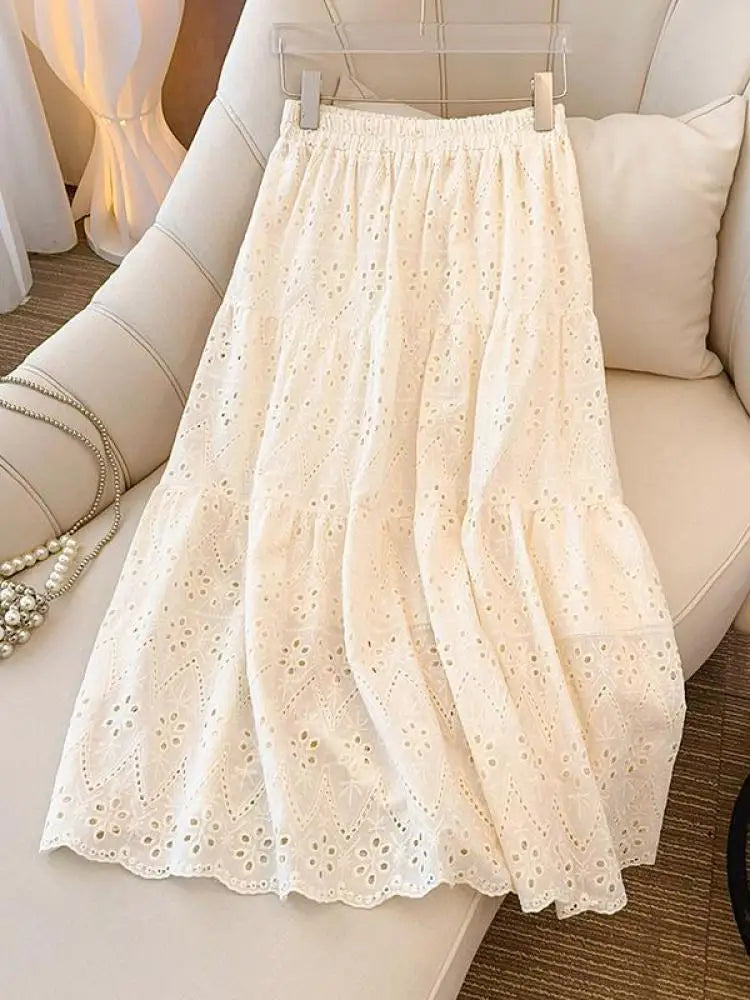 Ladies Black White Temperament Long Skirt Spring Summer Beige Embroidery Hollow Out A-line Skirts For Women Clothing Streetwear