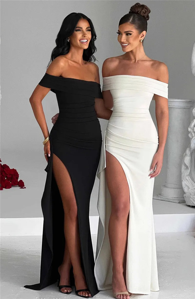 Elegant Off-shoulder High Split Maxi Dress Women Fashion Strapless Sleeveless Backless Bodycon Club Party Sexy Dress