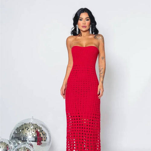 Load image into Gallery viewer, Strapless Off-shoulder Hollow Out Knit Maxi Dress For Women Gown Fashion Sleeveless Backless Beach Skinny Long Dress
