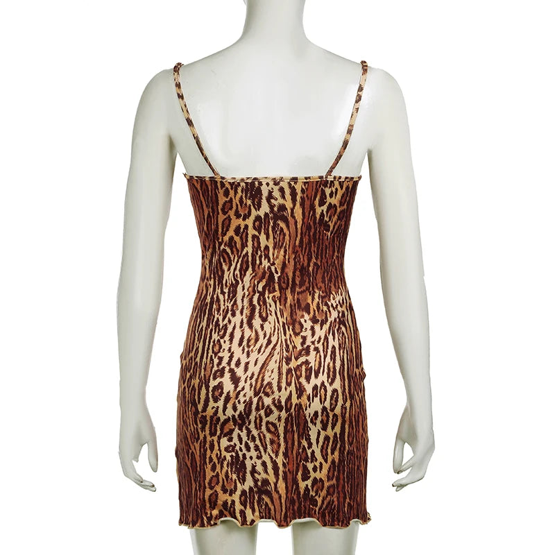 Vintage Spaghetti Strap Bodycon Summer Mini Dress Female Animal Printing Leopard Sexy Dresses Lace Trim Bow Contrast