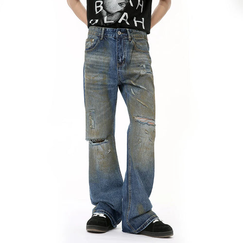 Load image into Gallery viewer, High Street Male Hole Denim Pants New Worn-out Contrast Color Boot Cut Slimming Loose Men‘s Jeans Summer Trendy 9C6680
