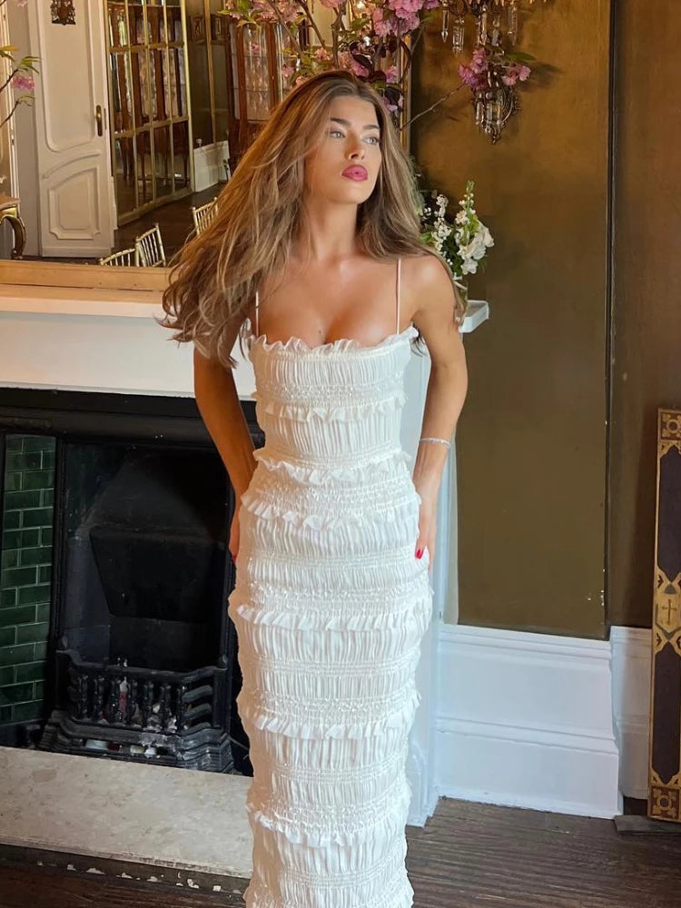 Summer Maxi Spaghettt Strap Wed Bride Dress Elegant Formal Occasion Beige Slim Party Even Dress Women