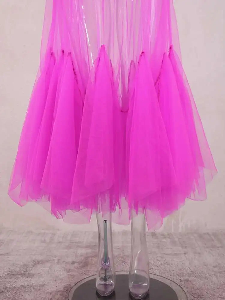 Women Purple Ruffles Mesh Perspective Big Size Long Dress New Round Neck Half Sleeve Fashion Spring Summer 2025 JR7711