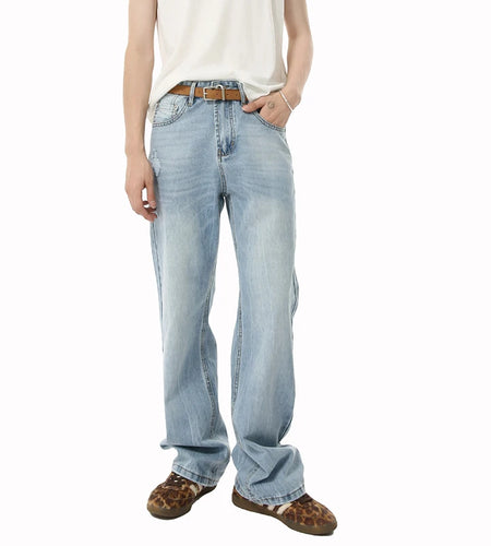 Men's Denim Pants New American Style Hole Design Casual Straight Wide Leg Gradient Color Trendy Male Loose Jeans 9W1840