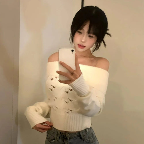 Load image into Gallery viewer, Y2k Aesthetic Solid Sexy Off Shoulder Pullover Women Vintage Harajuku Hole Knitted Jumper Fairy Grunge Slim Fit Crop Sweater
