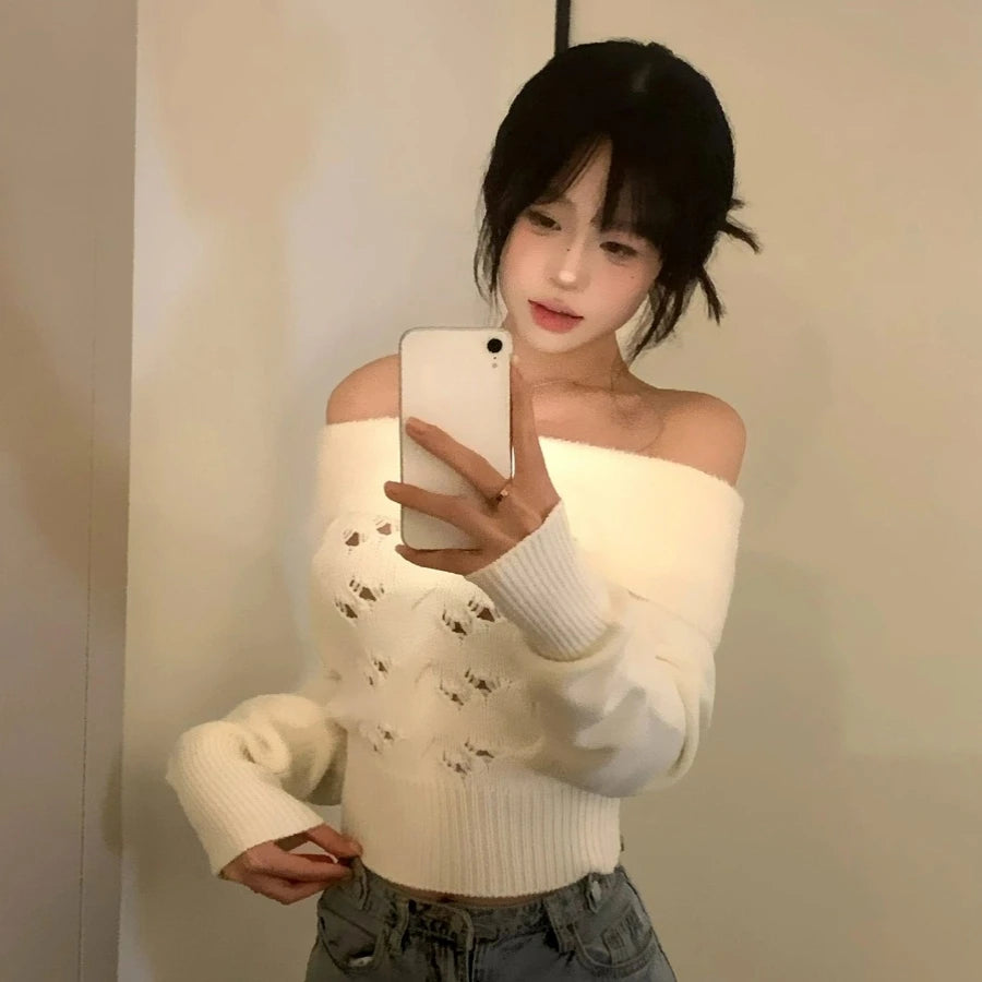 Y2k Aesthetic Solid Sexy Off Shoulder Pullover Women Vintage Harajuku Hole Knitted Jumper Fairy Grunge Slim Fit Crop Sweater