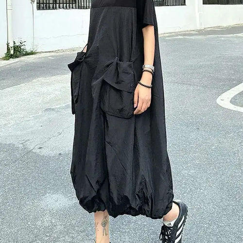 Load image into Gallery viewer, Women Black Drawstring Pocket Big Size Midi Dress New Round Neck Shhort Sleeve Fashion Tide Spring Summer 2025 1DJ0773
