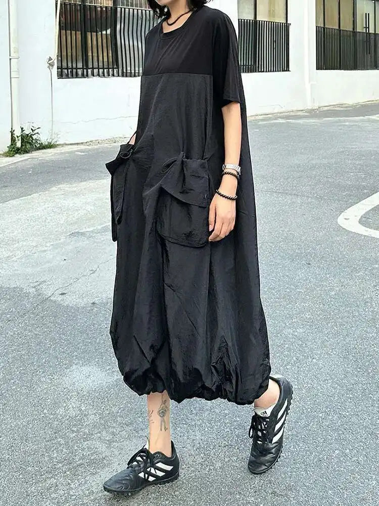 Women Black Drawstring Pocket Big Size Midi Dress New Round Neck Shhort Sleeve Fashion Tide Spring Summer 2025 1DJ0773