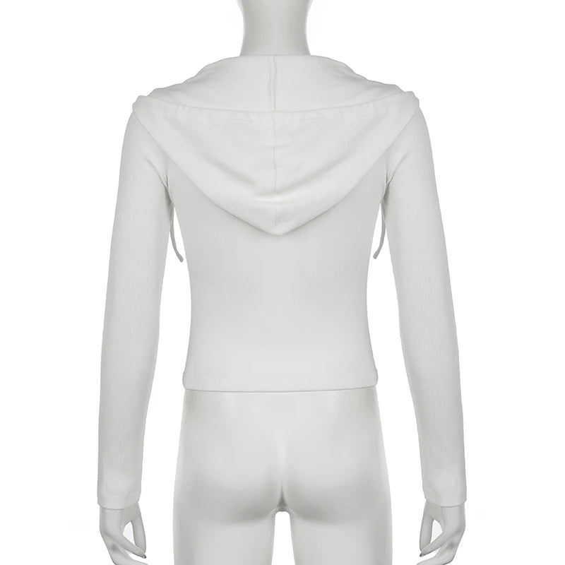 Korean Style White Knitted Hooded Women's Jacket Casual Zipper Pockets Spring Autumn Coat Slim Outwear Moto Bikercore