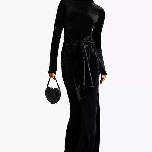 Load image into Gallery viewer, Velvet Long Sleeve Sexy Maxi Dress For Women Autumn Winter New Turtleneck Draped Ruched Bodycon Sexy Long Dress
