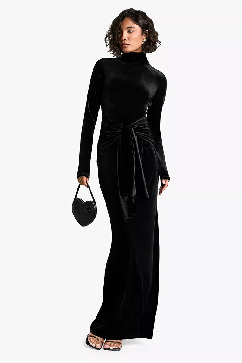 Velvet Long Sleeve Sexy Maxi Dress For Women Autumn Winter New Turtleneck Draped Ruched Bodycon Sexy Long Dress