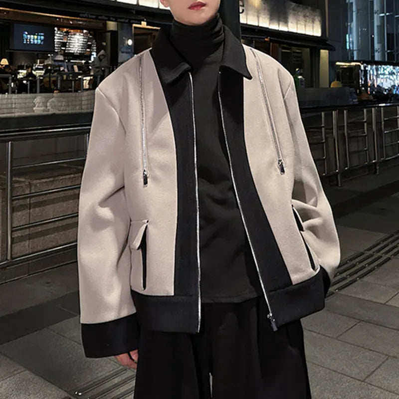 Patchwork Woolen Men's Casual Top Double-zipper Lapel American Style Male Jacket 2024 Autumn Winter Tide 9C9040