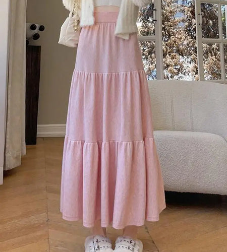 Vintage Women Solid High Waist Versatile Pleated A-line Long Skirts 2024 Autumn Winter French Sweet Cake Knit Skirt Streetwear